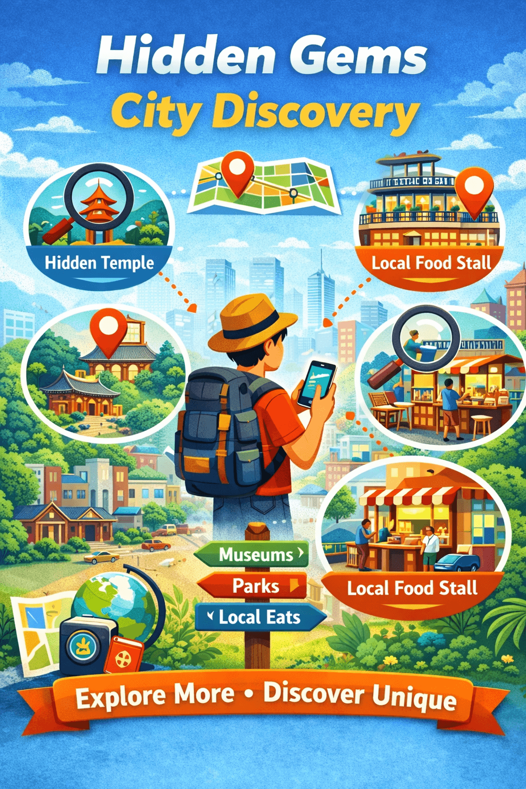 Illustrated Hidden Gems city discovery poster for FeedMyTrip